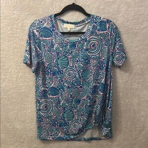 Simply Southern Seashell Print Blue and Pink Short Sleeve T-Shirt - Tie front